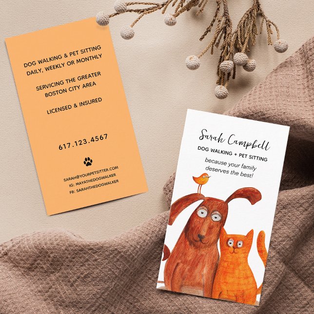 Söt akvarell hundpromenad husdjurssittning visitkort (Cute Watercolor Dog Walking Pet Sitting Business Card)