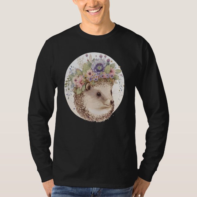 Söt akvarell Igelkott Blomkrona Djur T Shirt (Framsida)