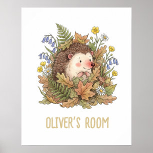 Söt akvarell Igelkott & Vildblommor Barnkammare Poster