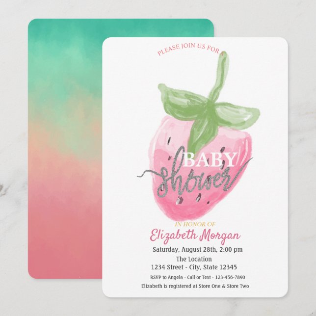 Söt akvarell Jordgubbs Baby Shower Inbjudningar (Fram/baksida)