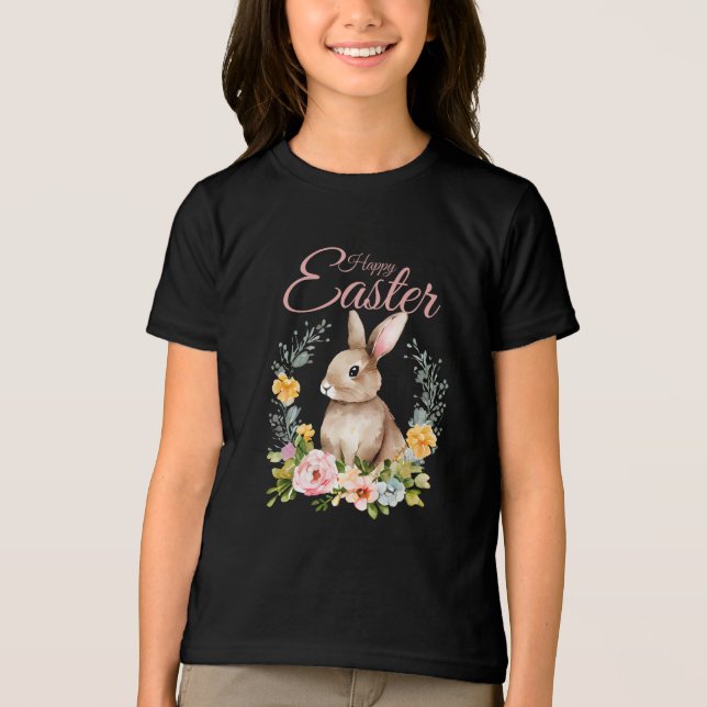 Söt akvarell kanin blomsterkrans påsk t shirt (Framsida)