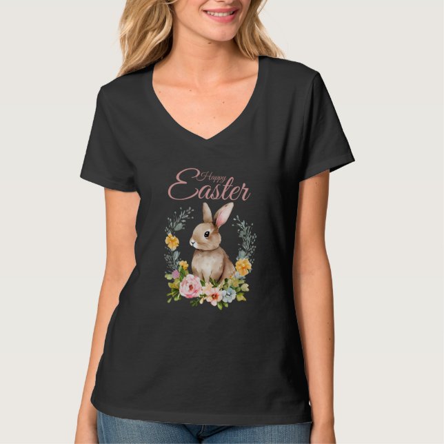 Söt akvarell kanin blomsterkrans påsk t shirt (Framsida)
