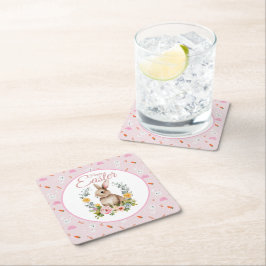 Söt akvarell kanin blomsterkrans påsk underlägg papper kvadrat