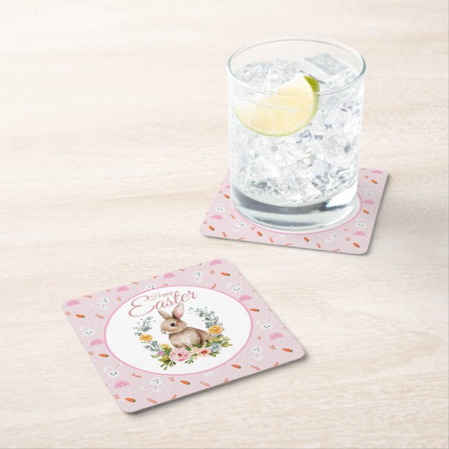 Söt akvarell kanin blomsterkrans påsk underlägg papper kvadrat (Insitu)