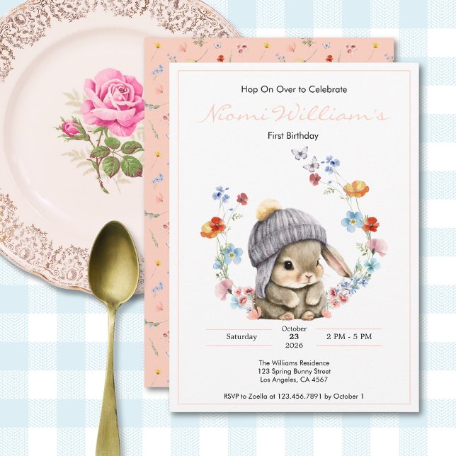 Söt akvarell kanin födelsedagsinbjudan inbjudningar (Cute Watercolor Bunny 1st Birthday Invitation 4)