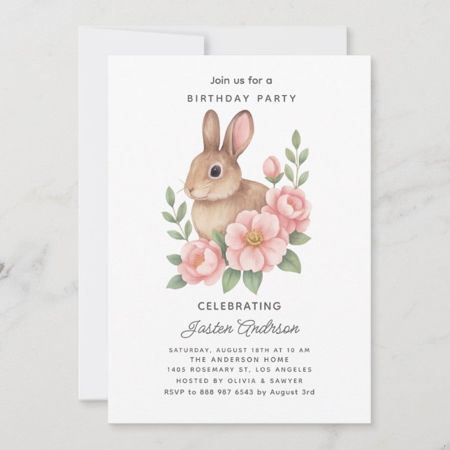 Söt akvarell kanin och rosa blommor födelsedag  julkort (Framsida)