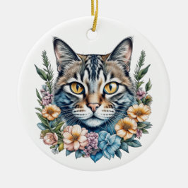 Söt akvarell katt med blommor jul julgransprydnad keramik