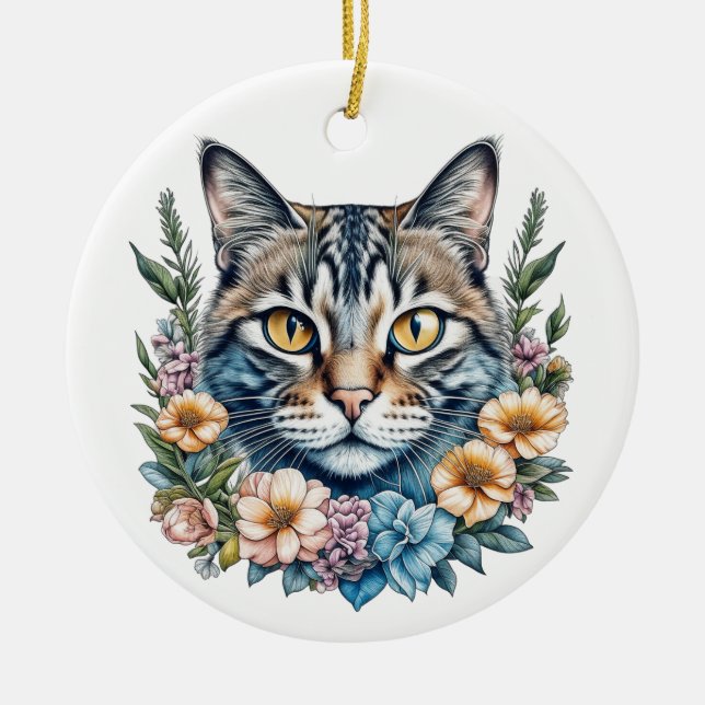 Söt akvarell katt med blommor jul julgransprydnad keramik (Framsidan)