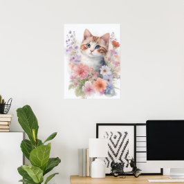 Söt akvarell kattunge med blommor poster
