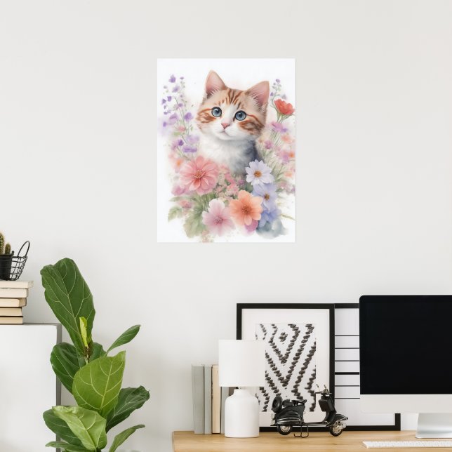 Söt akvarell kattunge med blommor poster (Hemmakontoret)
