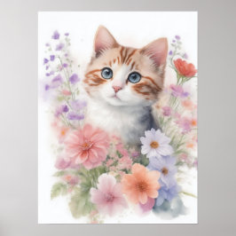 Söt akvarell kattunge med blommor poster