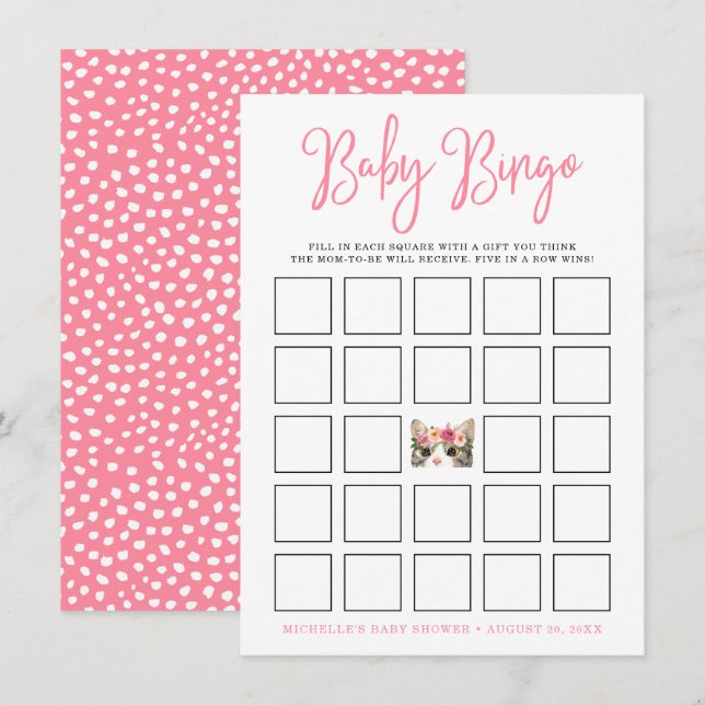 Söt akvarell Kitty Baby Shower Bingo-kort (Fram/baksida)