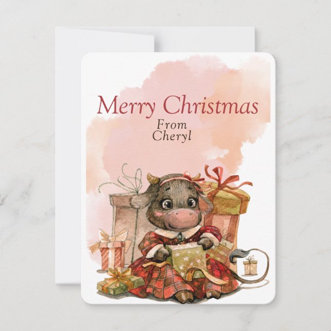 Söt akvarell ko julkort (Framsida)