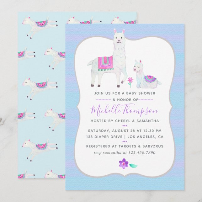 Söt akvarell lama tema Baby Shower inbjudan (Fram/baksida)