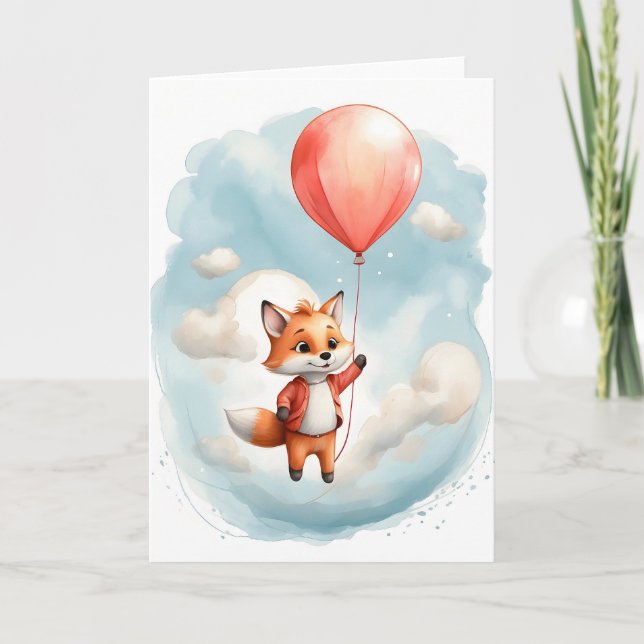 Söt akvarell liten räv stor röd ballong tom kort (Framsida)
