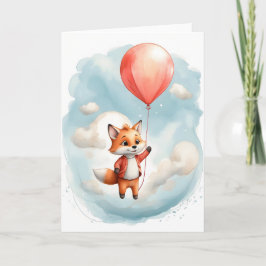 Söt akvarell liten räv stor röd ballong tom kort
