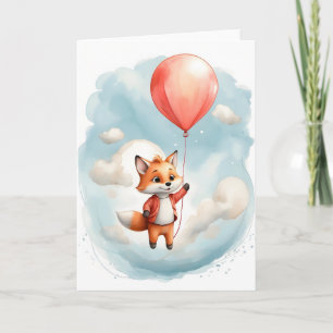 Söt akvarell liten räv stor röd ballong tom kort