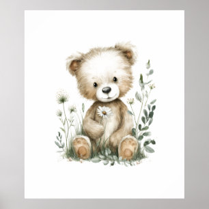 Söt akvarell nallebjörn med vilda blommor poster