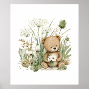 Söt akvarell nallebjörn med vilda blommor poster