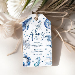 Söt akvarell nautisk pojke baby shower presentkort presentetikett