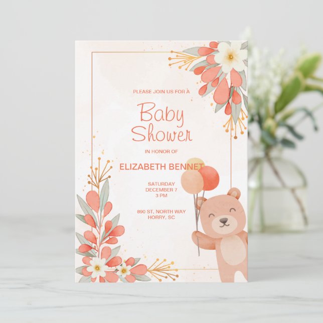 Söt akvarell orange blomsterbjörn inbjudningar (Stående Fram)