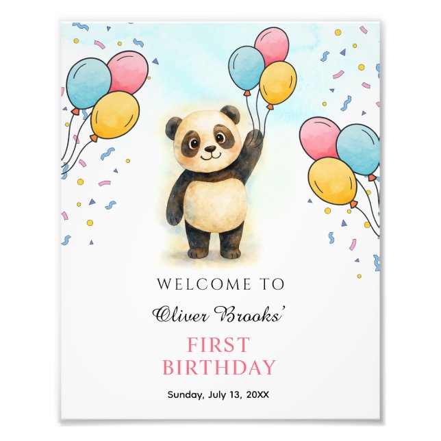 Söt akvarell Panda 1-års födelsedagsfestaffisch Fototryck (Framsidan)