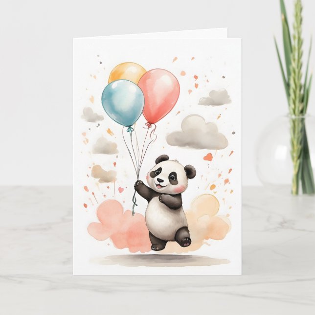 Söt akvarell panda gula blå ballonger tom kort (Framsida)