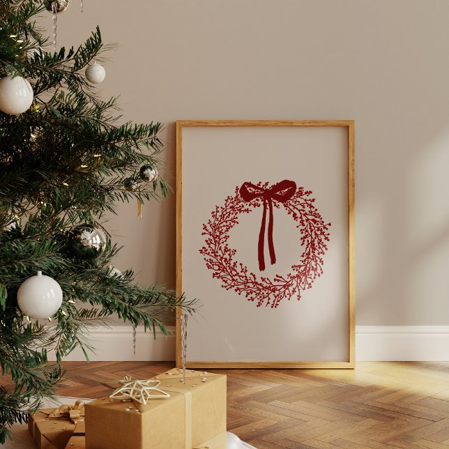 Söt akvarell röd krans julplansch poster (Christmas print with berry branches and tied ribbon. Watercolor red wreath poster.)