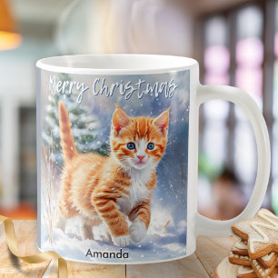 Söt akvarell rödbrun kattunge snö jul kaffemugg