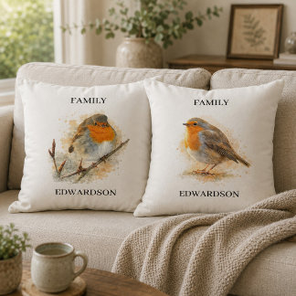 Söt akvarell rödhake fågel monogram familj kudde