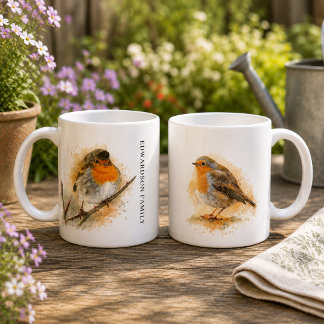Söt akvarell rödhake fågel monogram kaffemugg