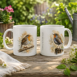 Söt akvarell rödhake fågel monogram kaffemugg