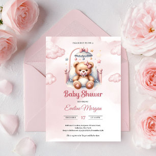 Söt akvarell rosa flicka teddybjörn i vagga inbjudningar