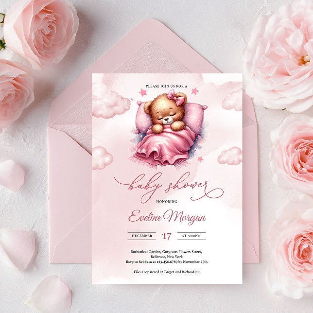 Söt akvarell rosa sovande teddybjörn på moln inbjudningar (Cute Teddy Bear on Pink Cloud Baby Shower Invitation Editable Printable PDF Template)