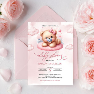 Söt akvarell rosa teddybjörn med napp inbjudningar