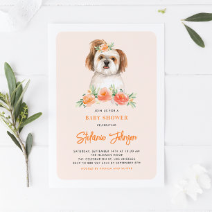 Söt akvarell Shih Tzu Persiko Blommig Baby Shower Inbjudningar