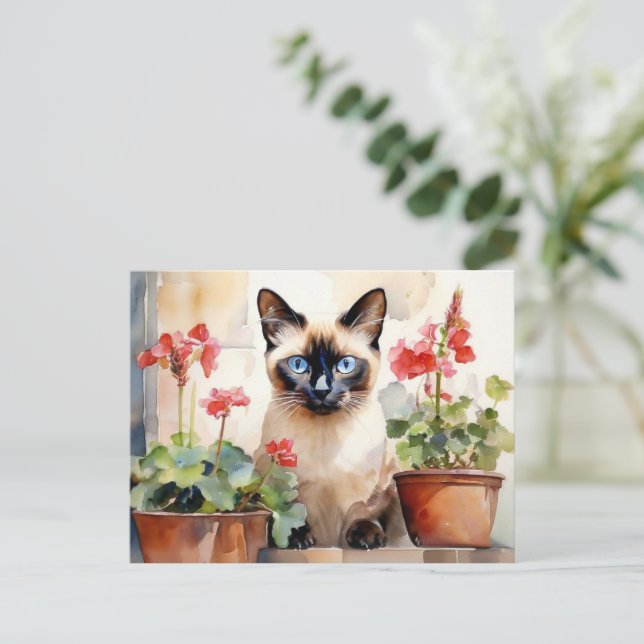 Söt akvarell siamesisk katt röda pelargoner vykort (Stående Fram)