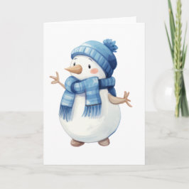 Söt akvarell snöman med blå halsduk och hatt kort