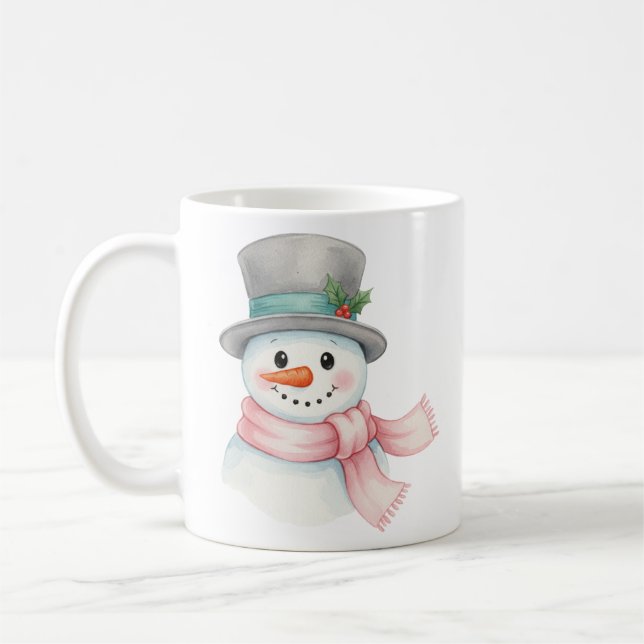 Söt akvarell snöman med rosa halsduk semester kaffemugg (Vänster)