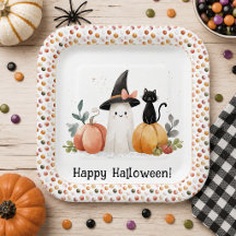 Söt akvarell spök svart katt pumpa Halloween