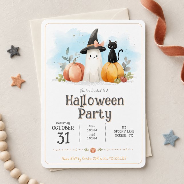 Söt akvarell spök svart katt pumpa Halloween (Cute Kids Halloween Party Invitation)