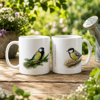 Söt akvarell stor tit fågel monogram kaffemugg