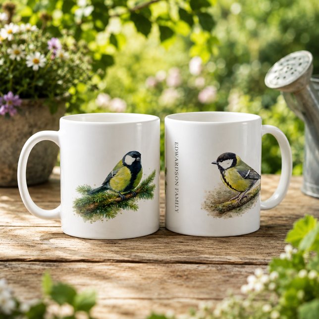 Söt akvarell stor tit fågel monogram kaffemugg (Cute watercolor great tit bird monogrammed coffee mug. Lovely mug for bird lovers.)