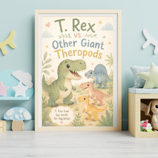 Söt akvarell T. Rex vs jättetheropoder för barnkam Poster