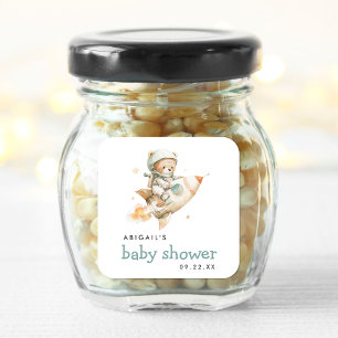 Söt akvarell Teddybjörn Astronaut Baby Shower Fyrkantigt Klistermärke