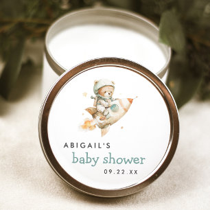 Söt akvarell Teddybjörn Astronaut Baby Shower Runt Klistermärke