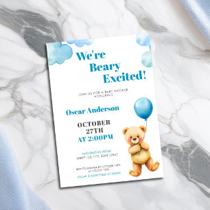 Söt akvarell Teddybjörn Ballong Baby Shower Inbjudningar