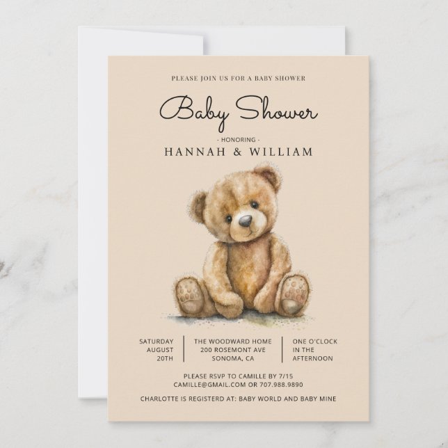 Söt akvarell Teddybjörn Bebis Shower Inbjudningar (Framsida)