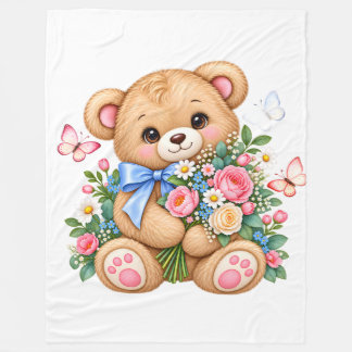 Söt akvarell Teddybjörn med blommor Clipart | Fleecefilt
