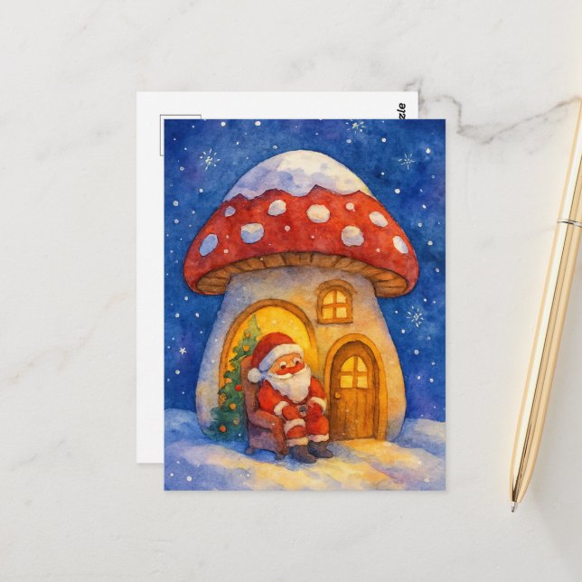 Söt akvarell Tomte Svamp Hus Jul Vykort (Fram/Back In Situ)